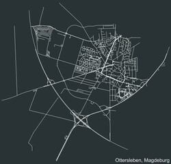 Detailed negative navigation white lines urban street roads map of the OTTERSLEBEN DISTRICT of the German regional capital city of Magdeburg, Germany on dark gray background