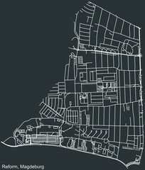 Detailed negative navigation white lines urban street roads map of the REFORM DISTRICT of the German regional capital city of Magdeburg, Germany on dark gray background