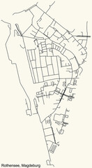 Detailed navigation black lines urban street roads map of the ROTHENSEE DISTRICT of the German regional capital city of Magdeburg, Germany on vintage beige background