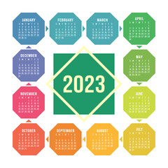 Calendar design 2023 year. January, February, March, April, May, June, July, August, September, October, November and December