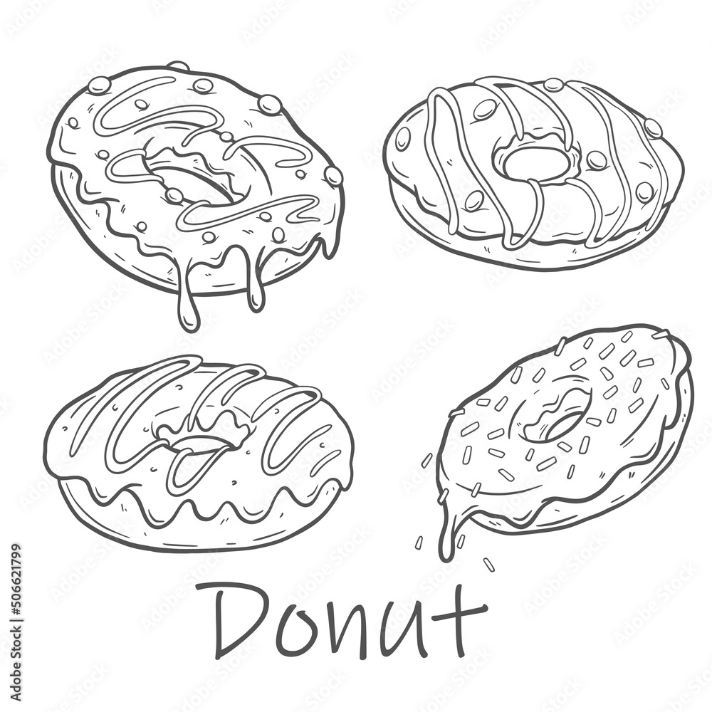 Wall mural set of doodle donuts black line. outlined anti-stress coloring page donuts set. coloring book page f