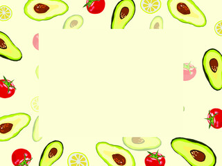 Background of avocado halves and red tomatoes. Place for text. The concept of food and nutrition.