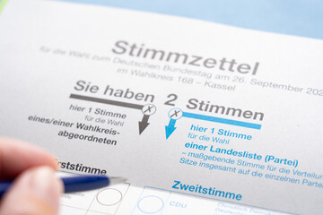 German ballot papers for the political elections in Germany for casting the first vote and the second vote