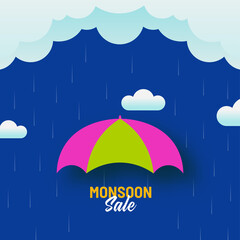 Monsoon Sale Poster Design With Umbrella And Cloud Rainfalls On Blue Background.