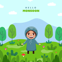 Hello Mushroom Concept With Cheerful Boy Wearing Raincoat On Natural Rainfall Background.