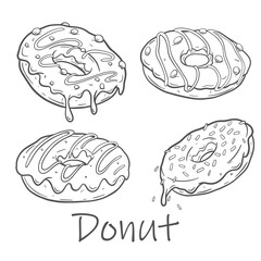 Set of doodle donuts black line. Outlined anti-stress coloring page donuts set. Coloring book page for adults and children. Color the set of donuts. Coloring pages for preschool kids.