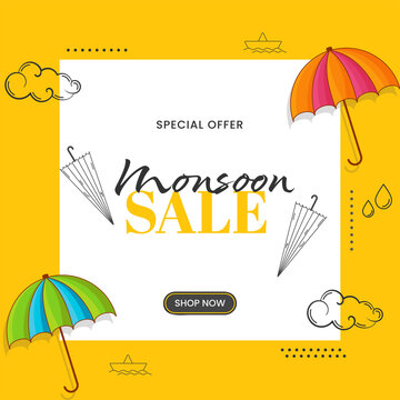 Monsoon Sale Poster Design Decorated With Umbrella, Drops, Paper Boat, Clouds On White And Chrome Yellow Background.