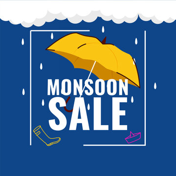 Monsoon Sale Poster Design With Umbrella, Boat, Paper Boat, Water Drops On White And Blue Background.