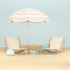 Summer aesthetic background. Beach chair, inflatable ring and ball sun umbrella, flip flop in pastel colors on the sand. 3d illustration.