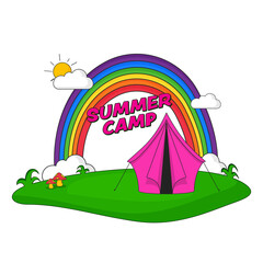 Summer Camp Poster Design With Tent, Rainbow, Sun, Cloud, Mushroom On Green Nature And White Background.