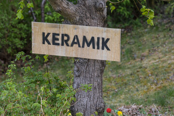 Stockholm, Sweden, A wooden sign in Swedish says Keramik, or Ceramics.