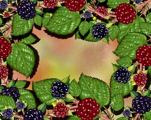 Berry blackberry background frame from leaves and fruits, copy space, hand drawn
