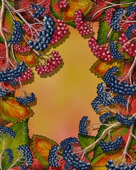 Autumn  floral frame from leaves and berries, copy space, hand drawing