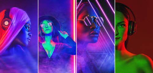 3d render, ultraviolet neon triangular portal, glowing lines with different girls, violet neon lights, arch, pink blue triangle, spectrum, laser show