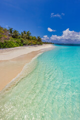 Island palm tree sea sand beach. Exotic beach landscape. Inspire tropical beach seascape horizon....