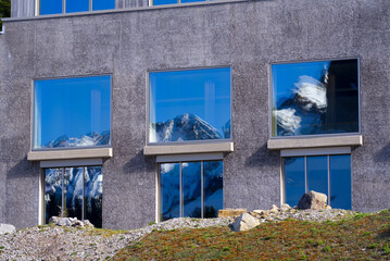 Close-up of facade of hotel at Schwägalp Säntis on a sunny spring day. Photo taken April 19th, 2022, Schwägalp, Switzerland.