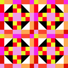 Seamless decorative pattern with triangular elements in yellow, black, white and red spectrum