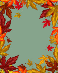 Autumn Frame background of bright autumn leaves and berries, copy space, illustration, hand drawing, vector