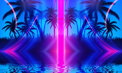 Silhouettes of tropical palm trees against an abstract background with a dark cloud. Reflection of palm trees in the water. Geometric figure in neon glow. Beach party. 3d illustration
