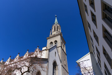 Protestant church Saint Laurenzen at the old town of St. Gallen on a sunny spring day. Photo taken April 19th, 2022, St. Gallen, Switzerland.