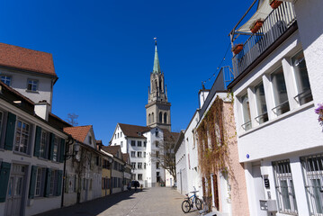 Fototapeta premium Protestant church Saint Laurenzen at the old town of St. Gallen on a sunny spring day. Photo taken April 19th, 2022, St. Gallen, Switzerland.