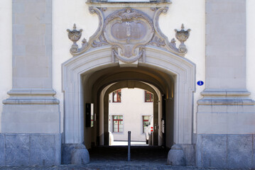 Close-up of gate at government building blowing in the wind on a sunny spring day. Photo taken April 19th, 2022, St. Gallen, Switzerland.