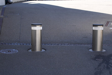 Hydraulic pollards at the old town of St. Gallen on a sunny spring day. Photo taken April 19th, 2022, St. Gallen, Switzerland. - obrazy, fototapety, plakaty