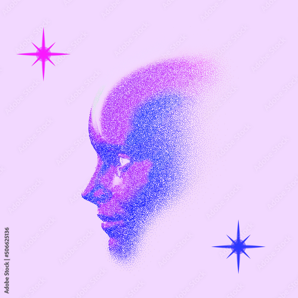 Poster abstract 3d illustration of a human head made of many particles or dots. concept of the artificial i