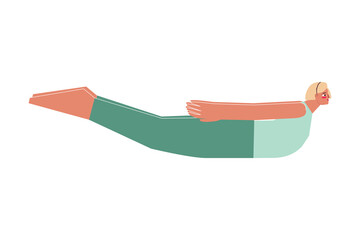 Vector concept with flat young adult female character. Sportive blonde woman learns posture with backbend and does Salabhasana at yoga class. Fitness exercise for beginners - locust pose
