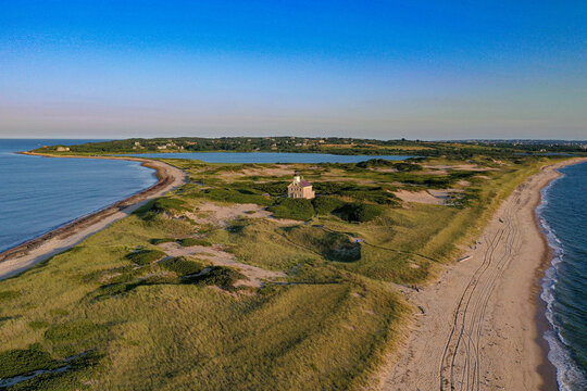 Amazing late afternoon summer aerial photo of the North Lighthouse on Block Island, Rhode Island.