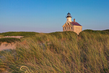 Fototapeta na wymiar Amazing late afternoon summer photo of the North Lighthouse on Block Island, Rhode Island.
