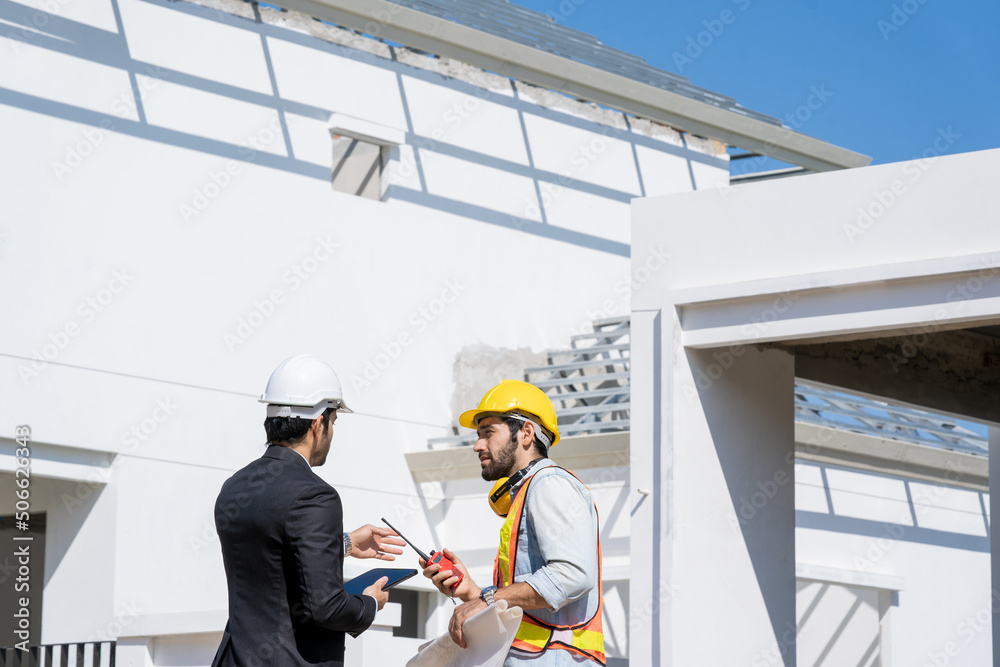 Aufkleber engineer with business manager are talking in construction site,project owner with blueprint working