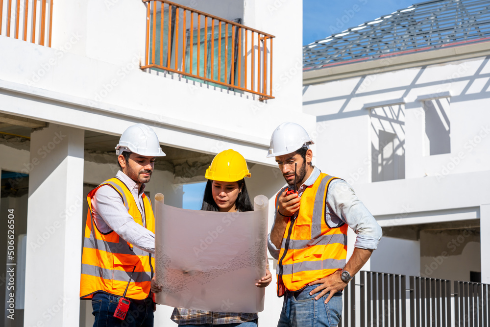 Aufkleber architect and engineer meeting planning for a new project about detail of building at construction s
