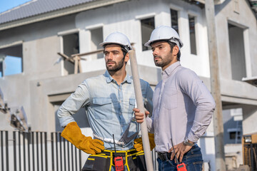 Engineer team work planning in construction site,Construction Contractors building a new home.