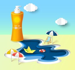 Sunscreen advert vector over summer seaside beach