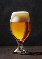 A glass of beer on a dark background.