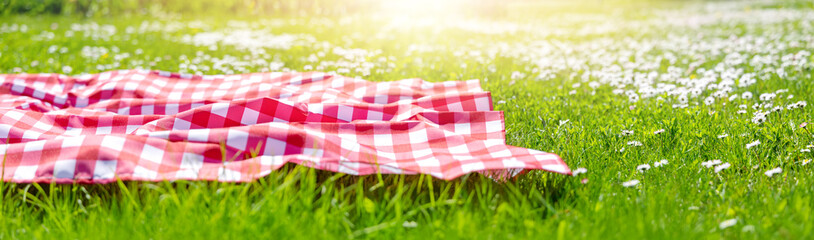 Picnic duvet on the meadow with green grass and spring flowers
