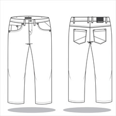 Denim Pant  flat sketch template Design. Men's Trousers Technical Fashion Illustration. denim  Long pant technical sketch Front and Back View 