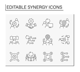 Synergy line icons set. Interaction or cooperation of organizations. Ideas generated. Coworking concept. Isolated vector illustrations. Editable stroke