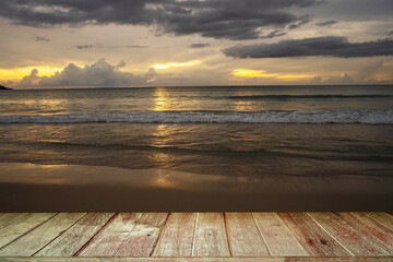 Fototapeta na wymiar Textured Tabletop Against Sunset At Seashore. 