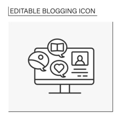 Blog magazine line icon. Storytelling blog. Online book store. Book review. Thematic internet community. Social media. Blogging concept. Isolated vector illustration. Editable stroke