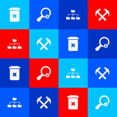 Set Trash can, Search location, Folder tree and Two crossed hammers icon. Vector