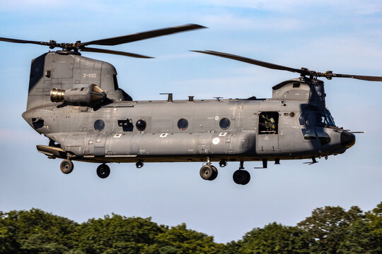 Royal Netherlands Air Force Boeing CH-47F Chinook heavy helicopter taking off from Gilze-Rijen airbase. 
