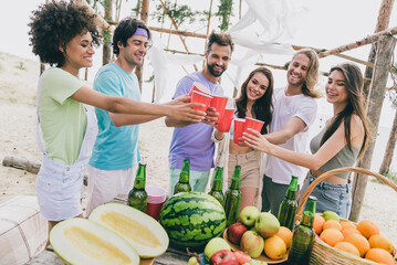 Photo of charming cute young buddies dressed casual outfits celebrating birthday outdoors countryside