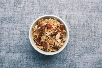 Home Made Musli in a bowl on black,