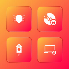Set Cyber security, CD or DVD disk with lock, Retro wall watch and Laptop and icon. Vector