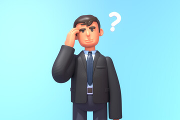 3d render of businessman in black  suit thinking, unsure, doubtful