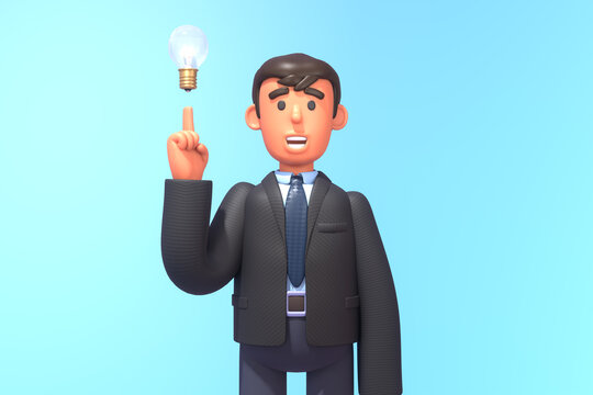 3d render of businessman in black suit pointing up to idea light bulb