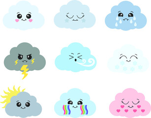 Cute clouds vector illustration for kids. isolated kids design, stickers. Baby shower clouds in kawaii style