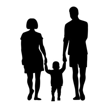 Man and woman holding child hands silhouette isolated vector illustration. Shadow male, female and kid. Image heterosexual couple with baby. Family concept